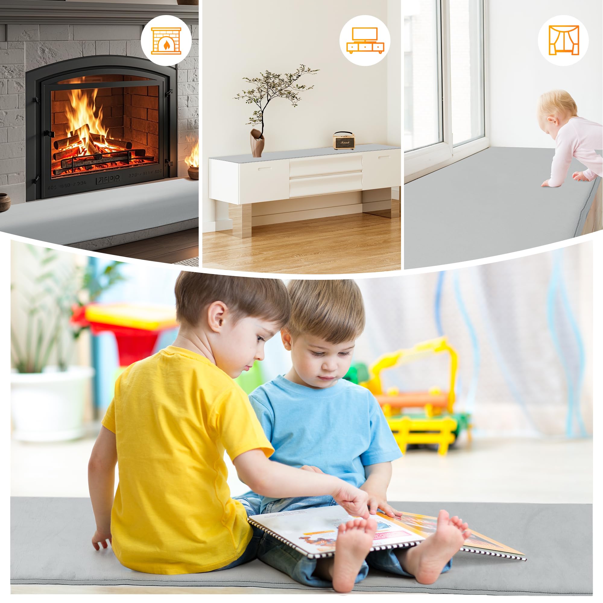 BALAPET gray fireplace mat blends with decor and cushions the hearth area.