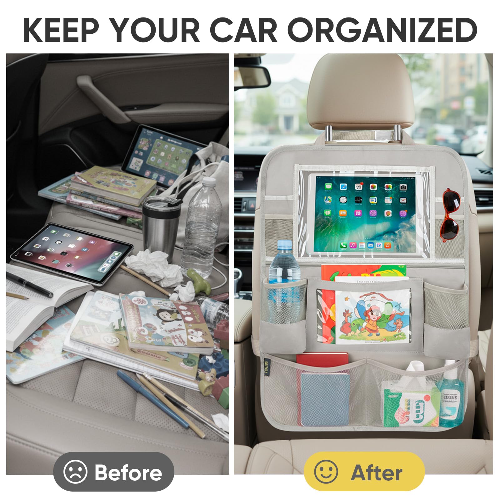 BALEINE backseat organizer beige color blends with most car interiors.
