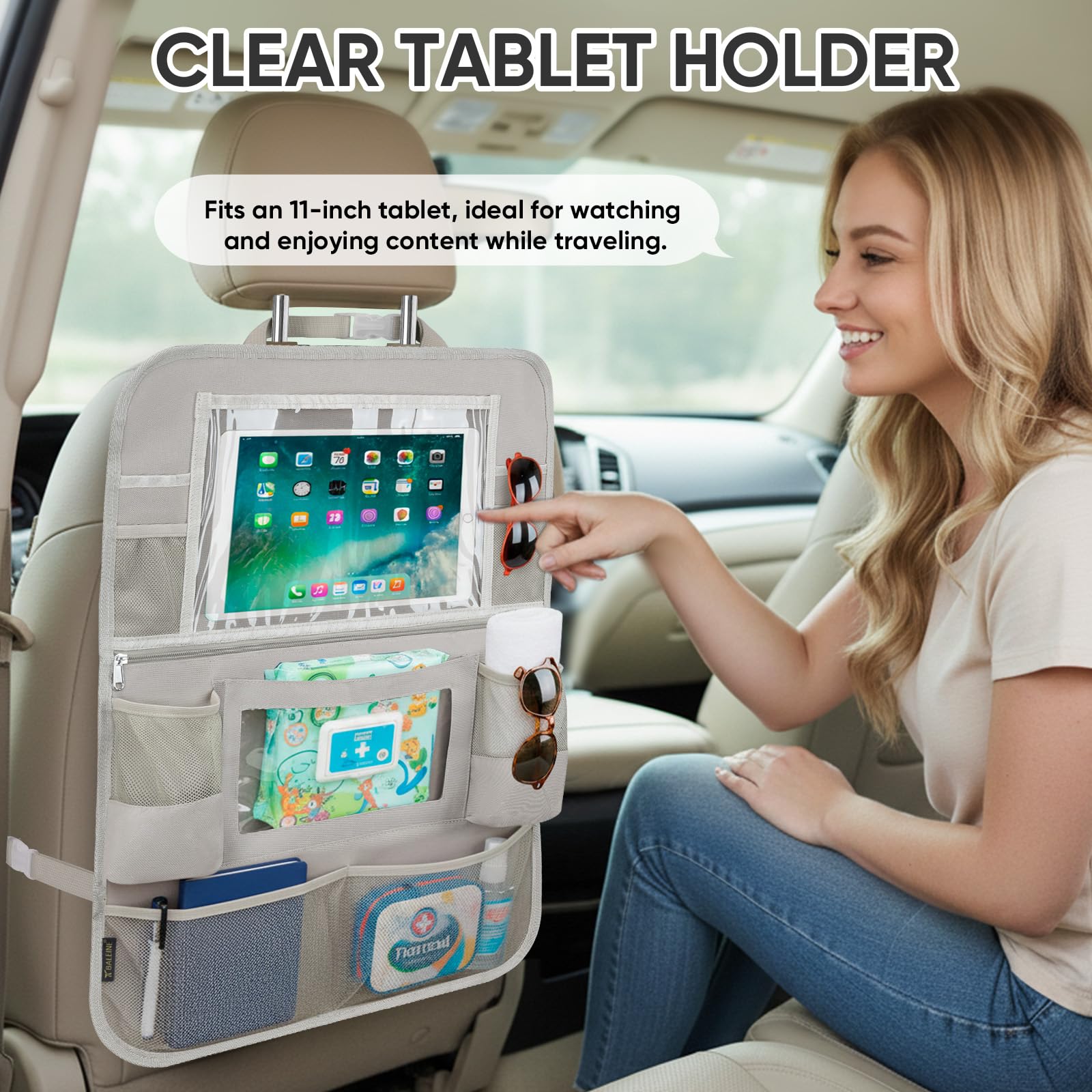 BALEINE backseat organizer tablet pocket fits up to 11-inch tablets for safe viewing.