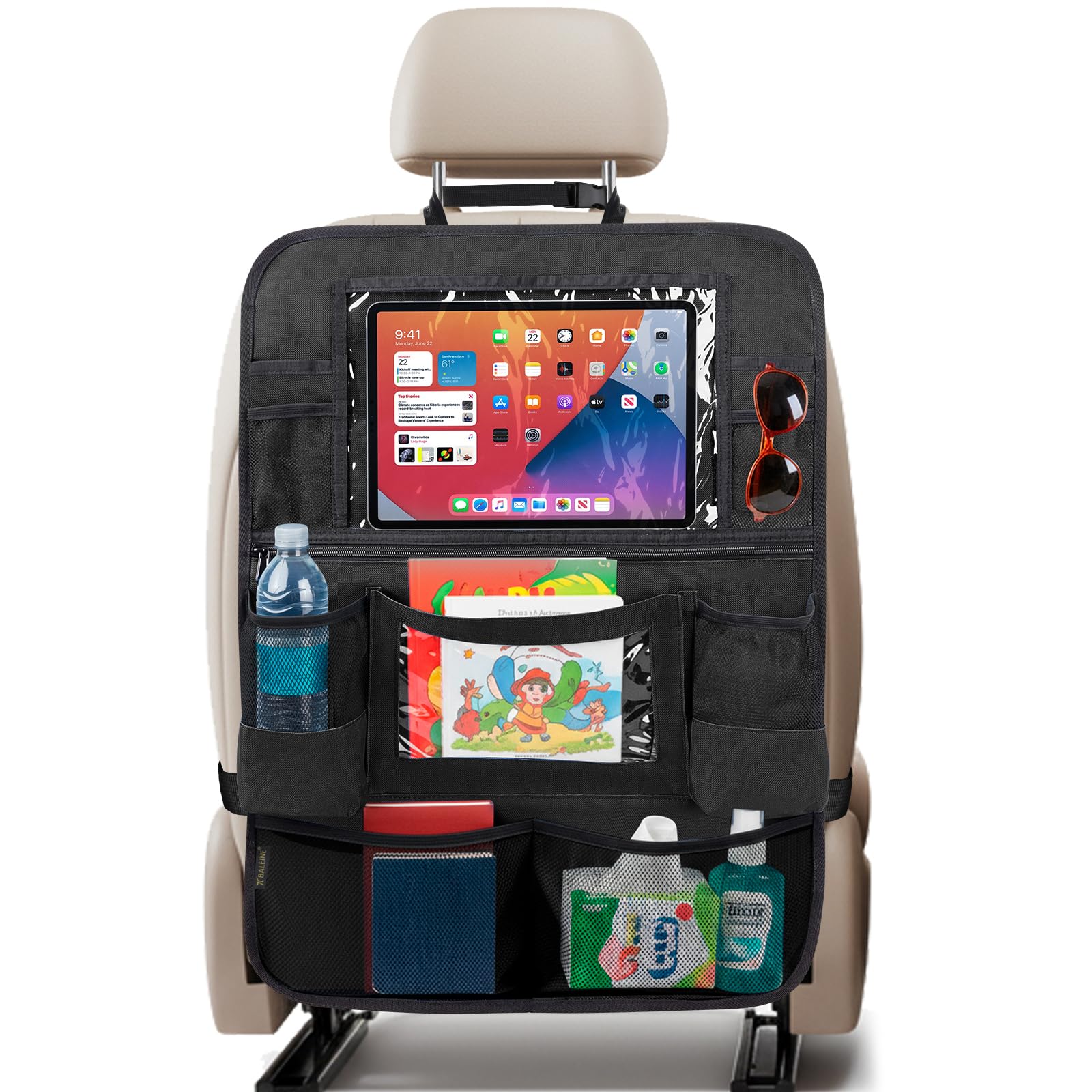 BALEINE backseat organizer with water bottle pocket keeps drinks within reach
