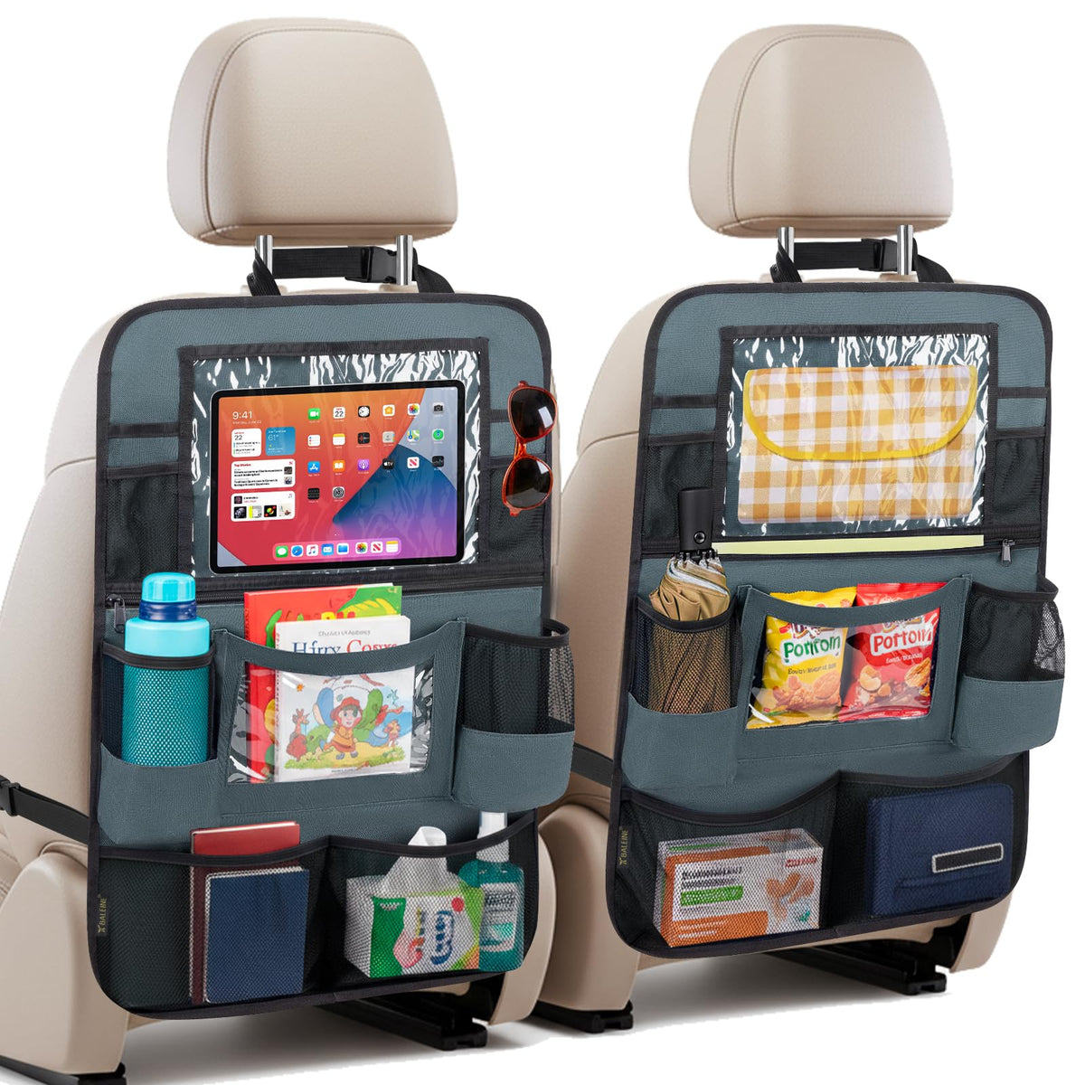 BALEINE backseat car organizer 2-pack gray shown in car, keeping items tidy.
