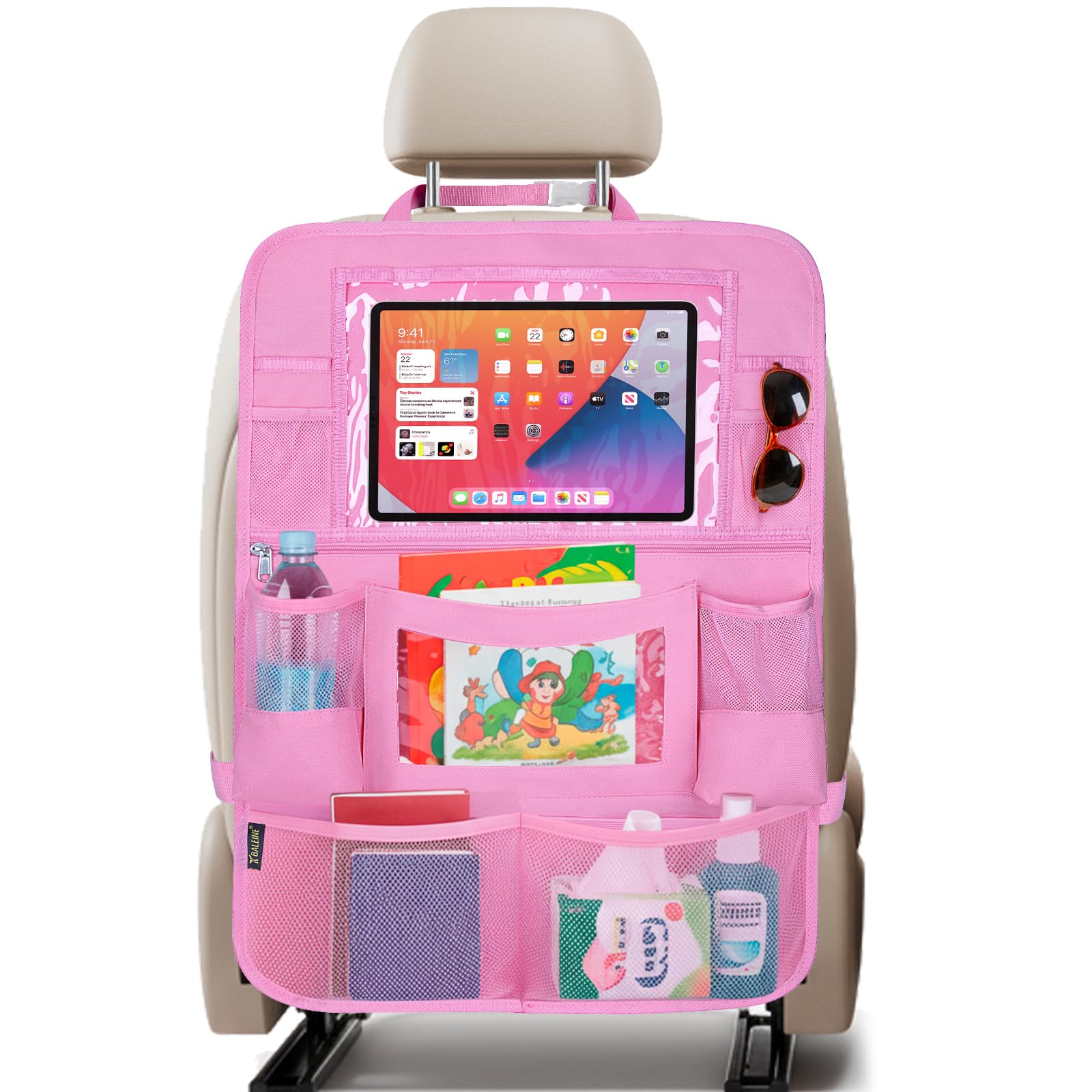 BALEINE backseat car organizer main view showing 11-pocket layout for clutter-free travel.