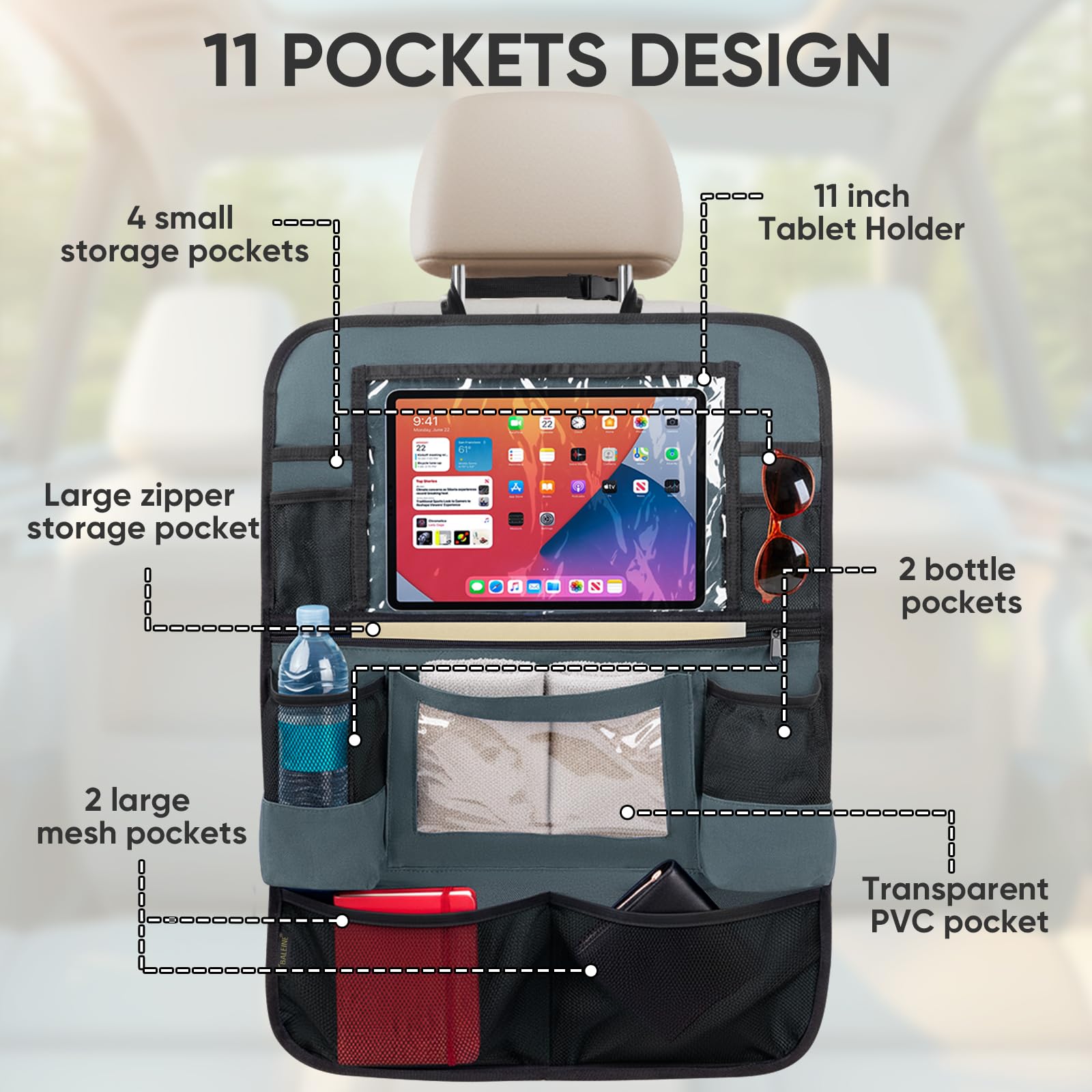 BALEINE backseat organizer with spacious pockets for bottles and tissues.
