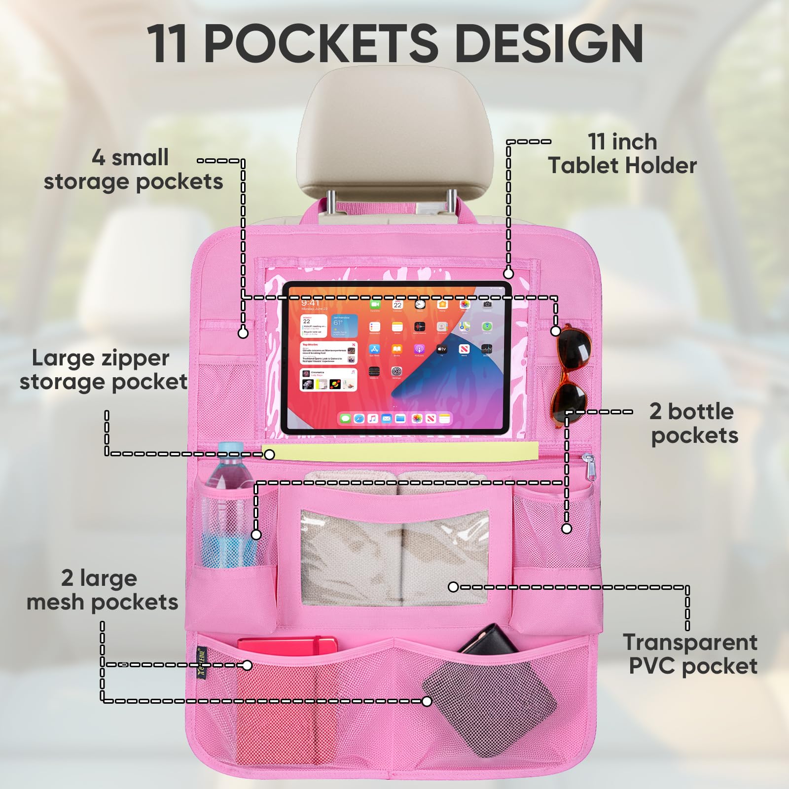 BALEINE backseat organizer with spacious pockets helps store bottles, tissues, and toys.