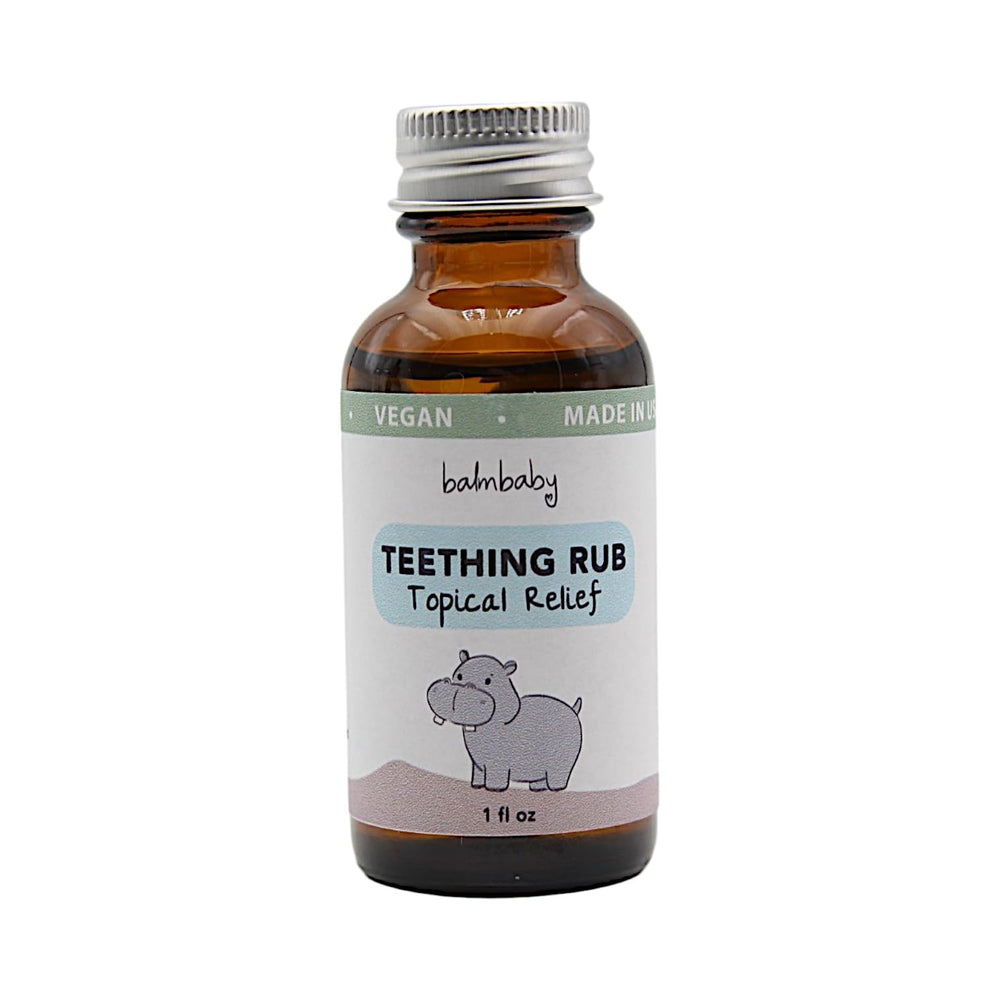 BALM! Baby Teething Oil Rub bottle cap shows a gentle gums soothing option