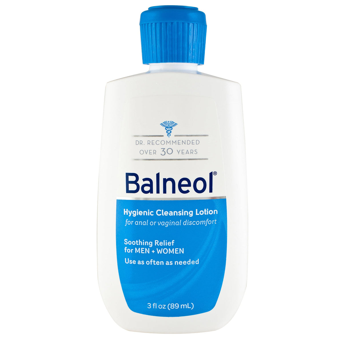 Balneol hygienic cleansing lotion bottle pour shows gentle, mess-free cleanse for sensitive areas.
