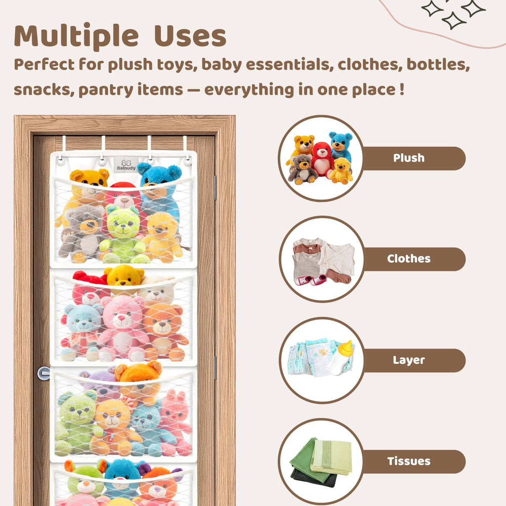 Baloudy large-capacity bag holds dozens of stuffed animals while saving floor space.