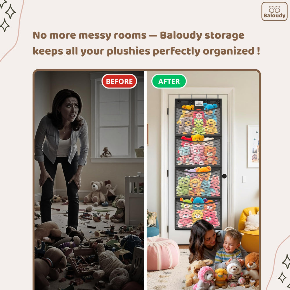 Baloudy large-capacity storage holds dozens of plush toys for tidy playrooms.
