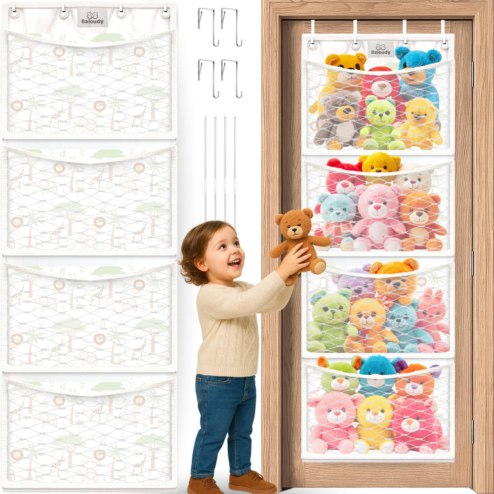 Baloudy stuffed animal storage over-the-door hammock keeps plushies accessible and neatly organized.