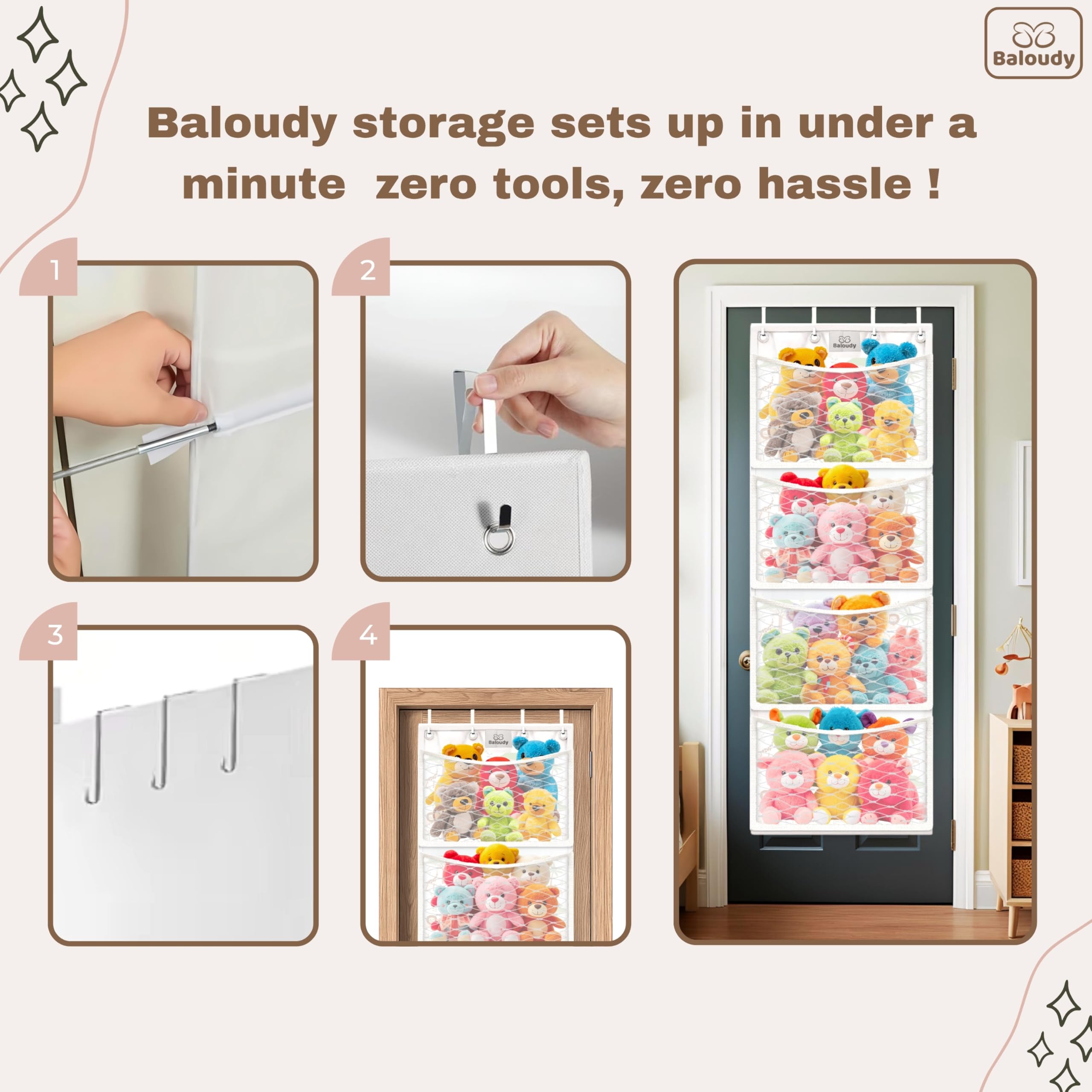 Baloudy vertical storage declutters playrooms and nurseries while keeping toys visible.