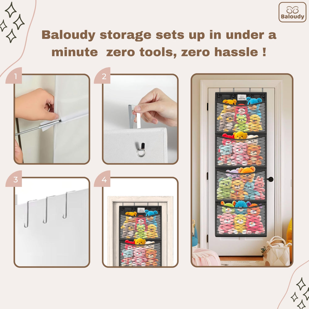 Baloudy versatile over-door organizer fits bedrooms, nurseries, and playrooms.
