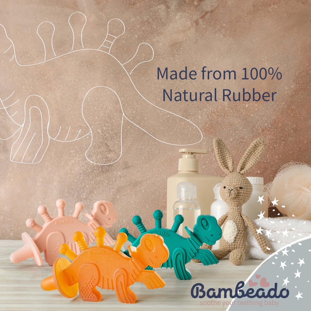 Bambeado Dibly Dino Teether features 3D knobs for targeted gum relief