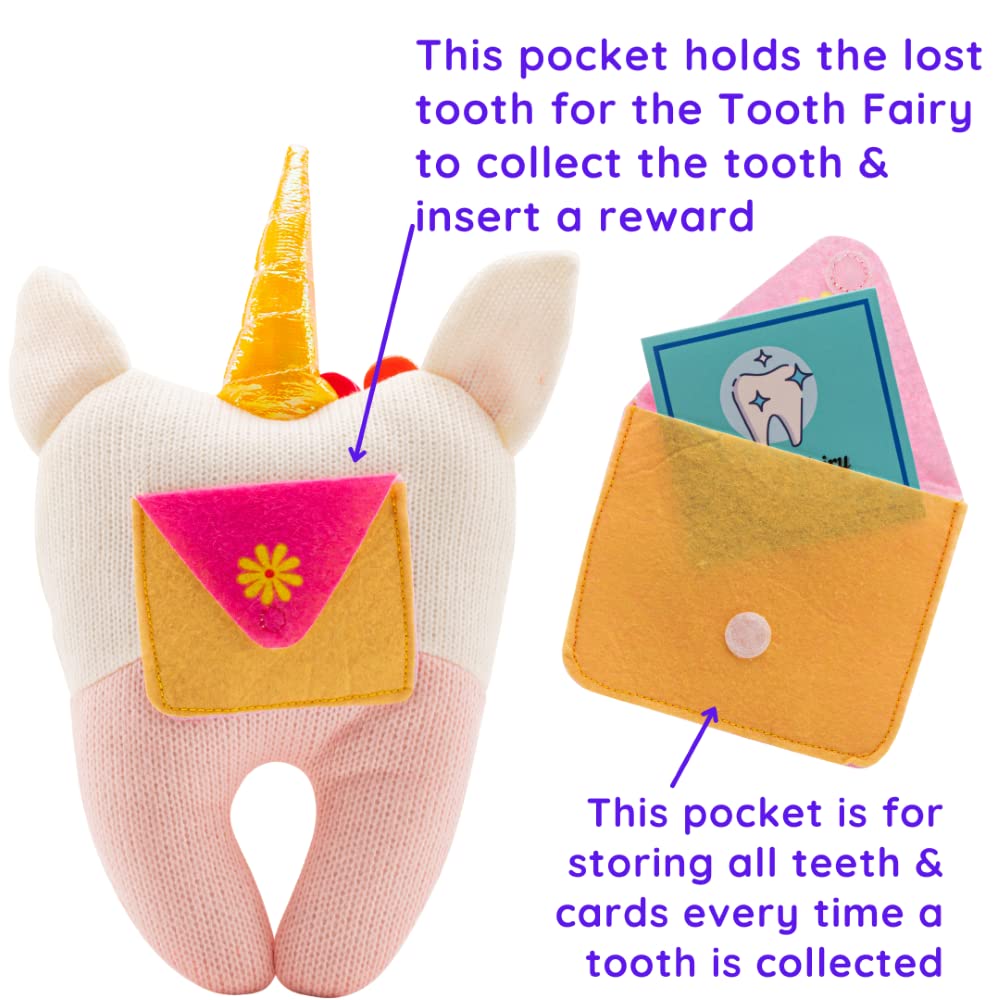 Bambini & Me unicorn pillow back pocket keeps teeth and notes neatly stored