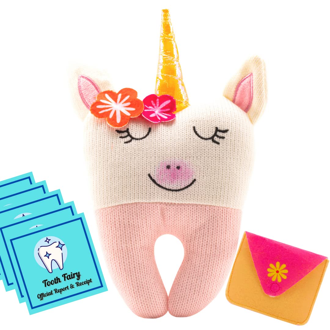 Bambini & Me unicorn tooth fairy pillow front view with a friendly smile