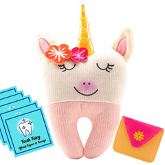 Bambini & Me unicorn tooth fairy pillow front view with a friendly smile
