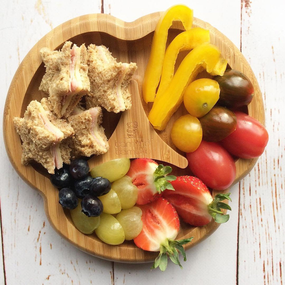 Bamboo Baby Divider Plate color options include blue, yellow, cherry, pink, orange, green.