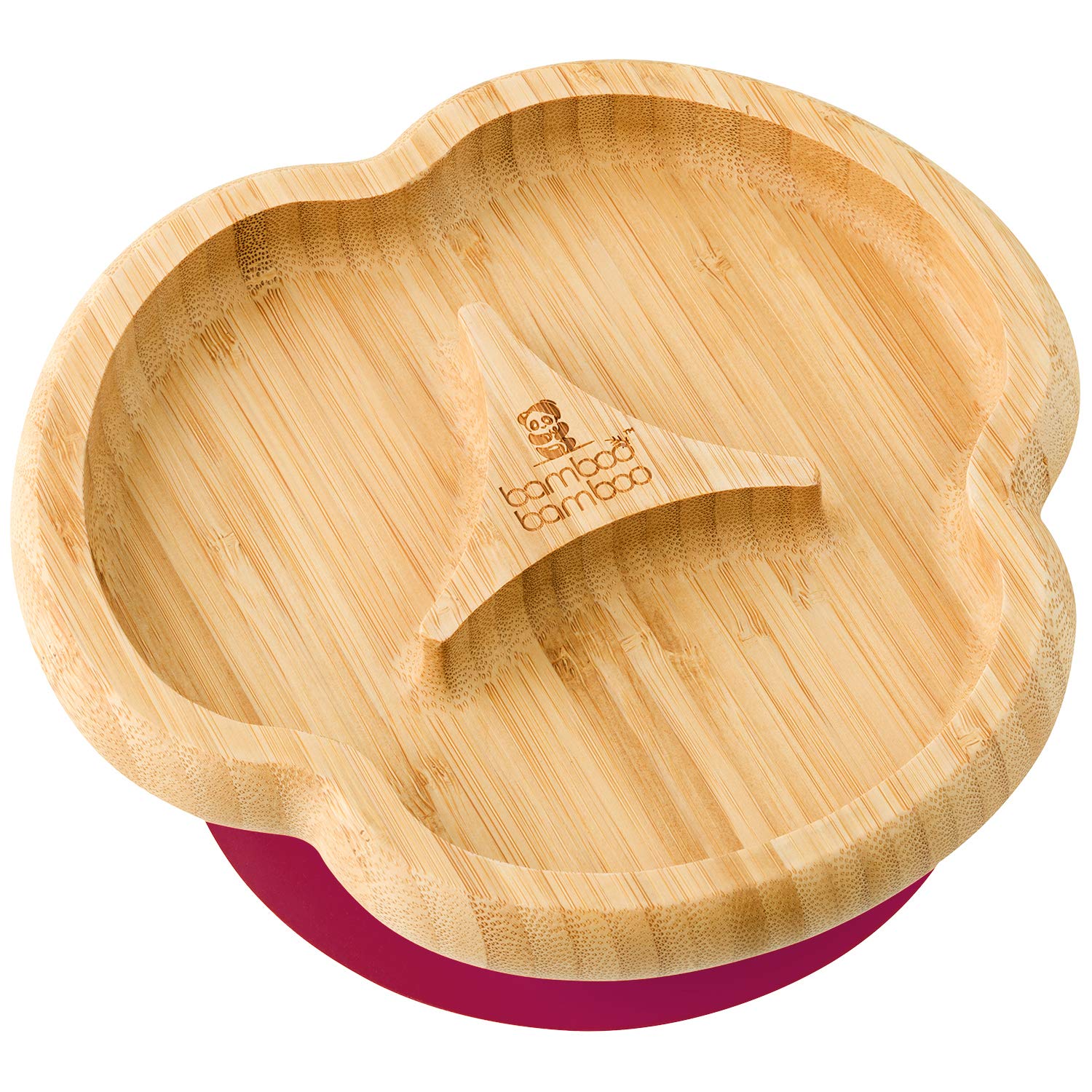 Bamboo Baby Divider Plate with suction base on a table to prevent spills during mealtime.