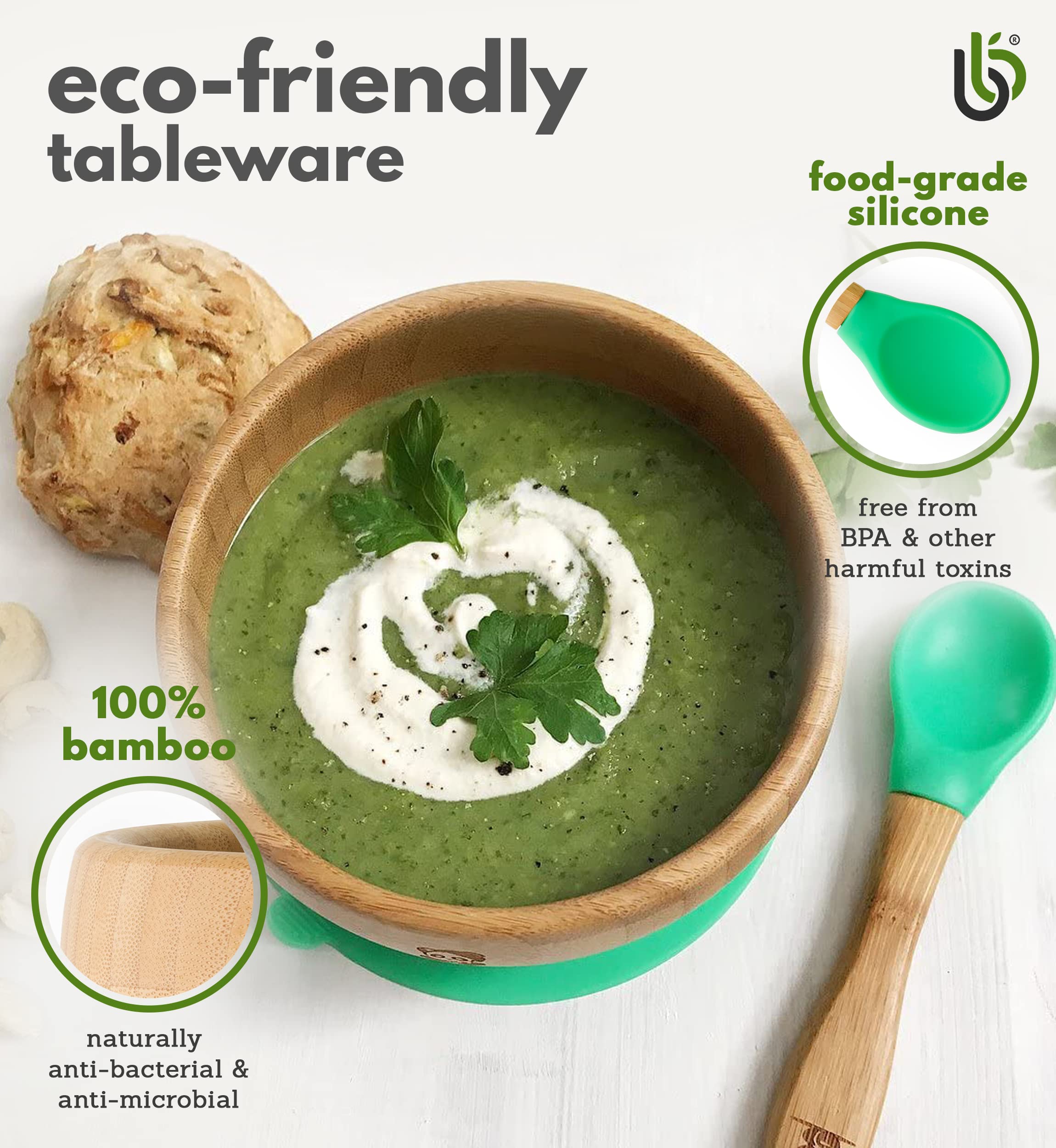 Bamboo bamboo removable suction cup shown for stable placement during meals.