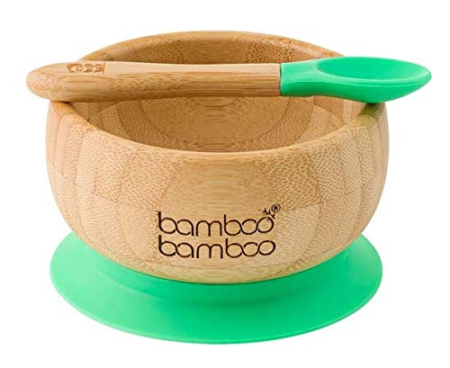 Bamboo bamboo suction bowl green design showing secure grip for mess-free meals.