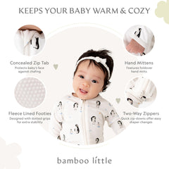 Bamboo Little footie showing two-way zipper for easy diaper changes