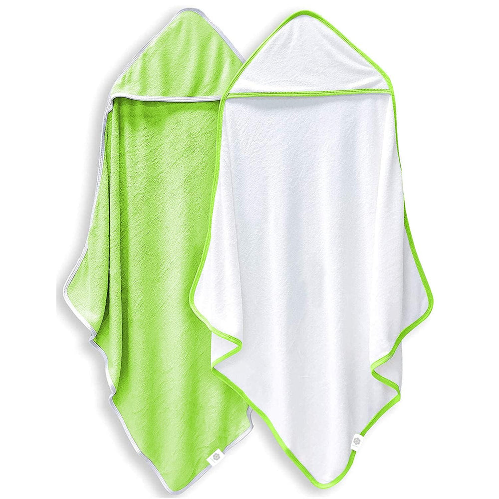 Bamboo Queen 2-pack baby hooded towel in white and green, soft for newborns' bath time.