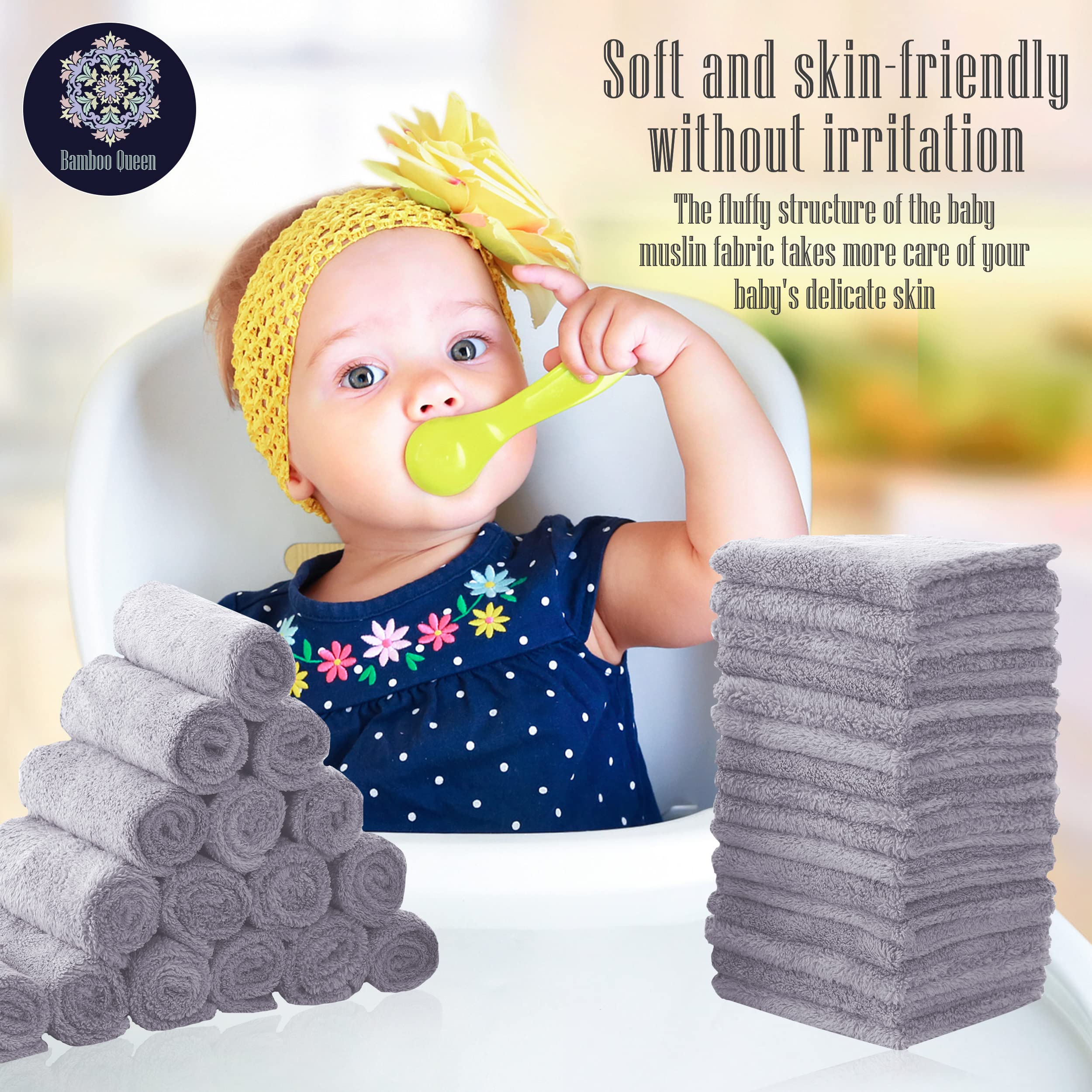 Multiuse BAMBOO QUEEN baby washcloths for bath, burp cloth, and face care