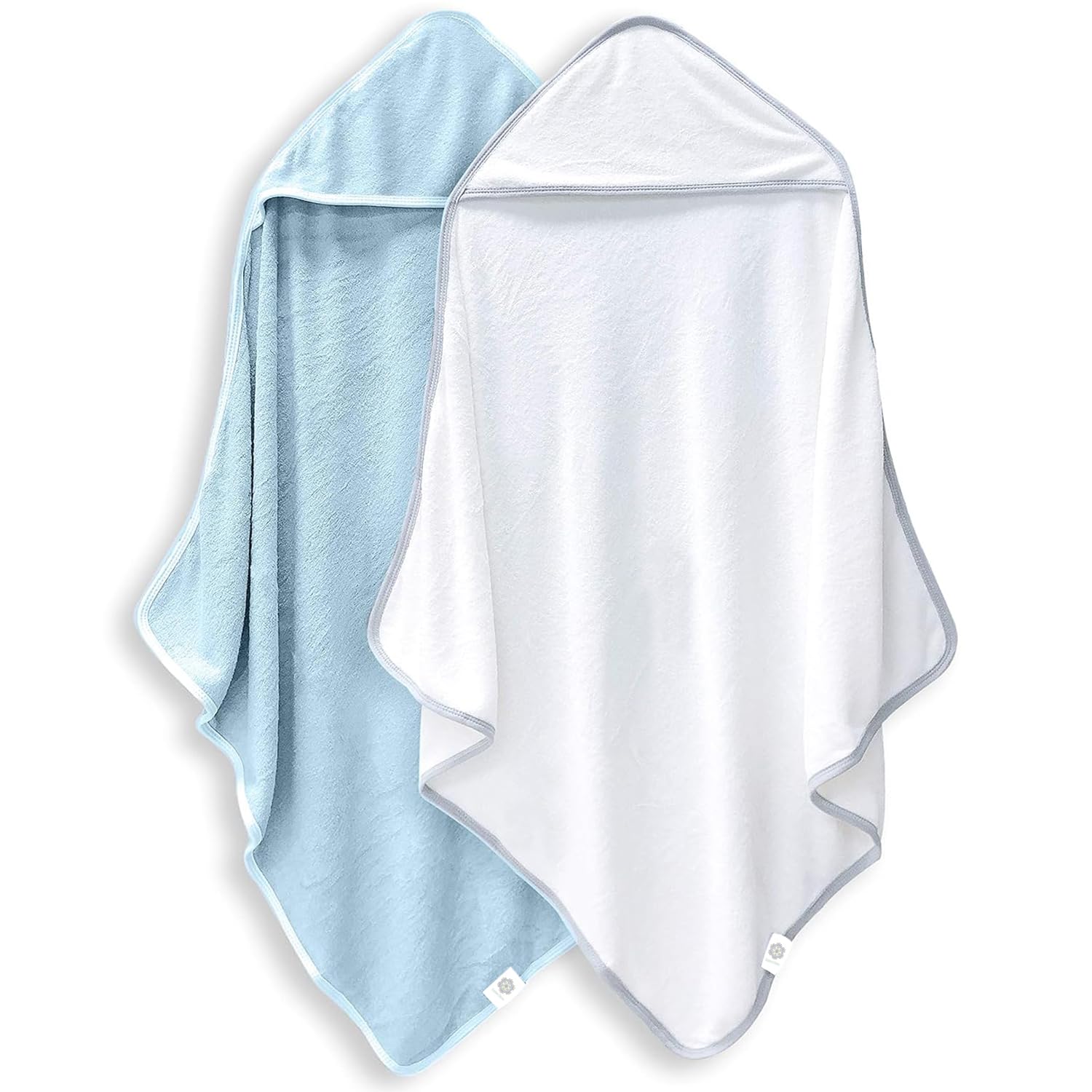 BAMBOO QUEEN baby hooded towel set in white and blue, soft and absorbent.