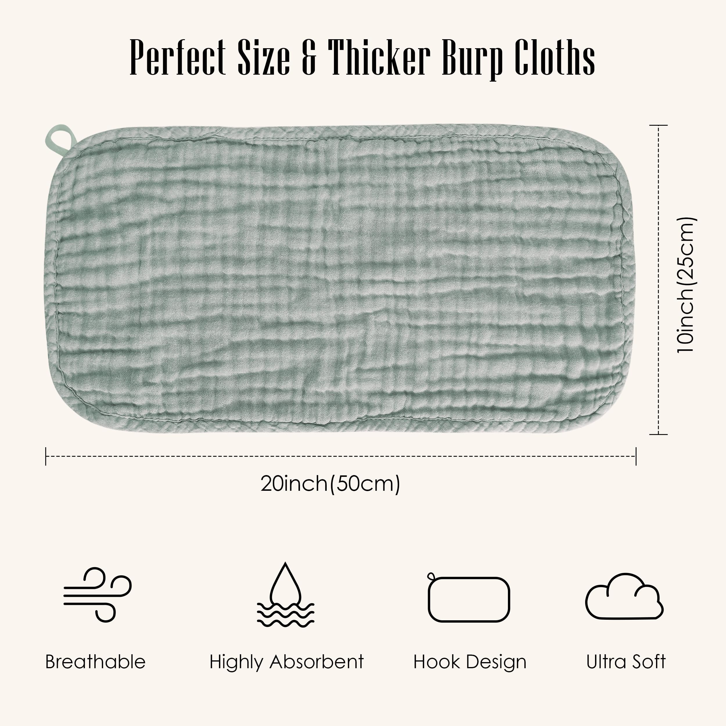 Generously sized BAMBOO QUEEN burp cloth, 20x10 inches, protects outfits
