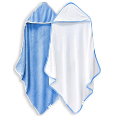 Bamboo Queen hooded towel in white and navy keeps kids warm and comfortable after bath.