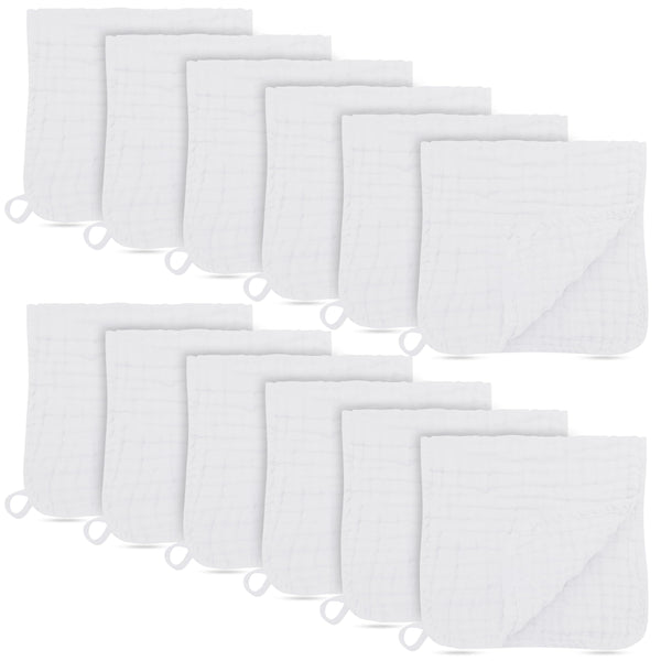 BAMBOO QUEEN muslin burp cloths, 12-pack, showcasing gentle, full-coverage protection.