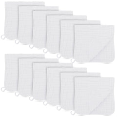 BAMBOO QUEEN muslin burp cloths, 12-pack, showcasing gentle, full-coverage protection.