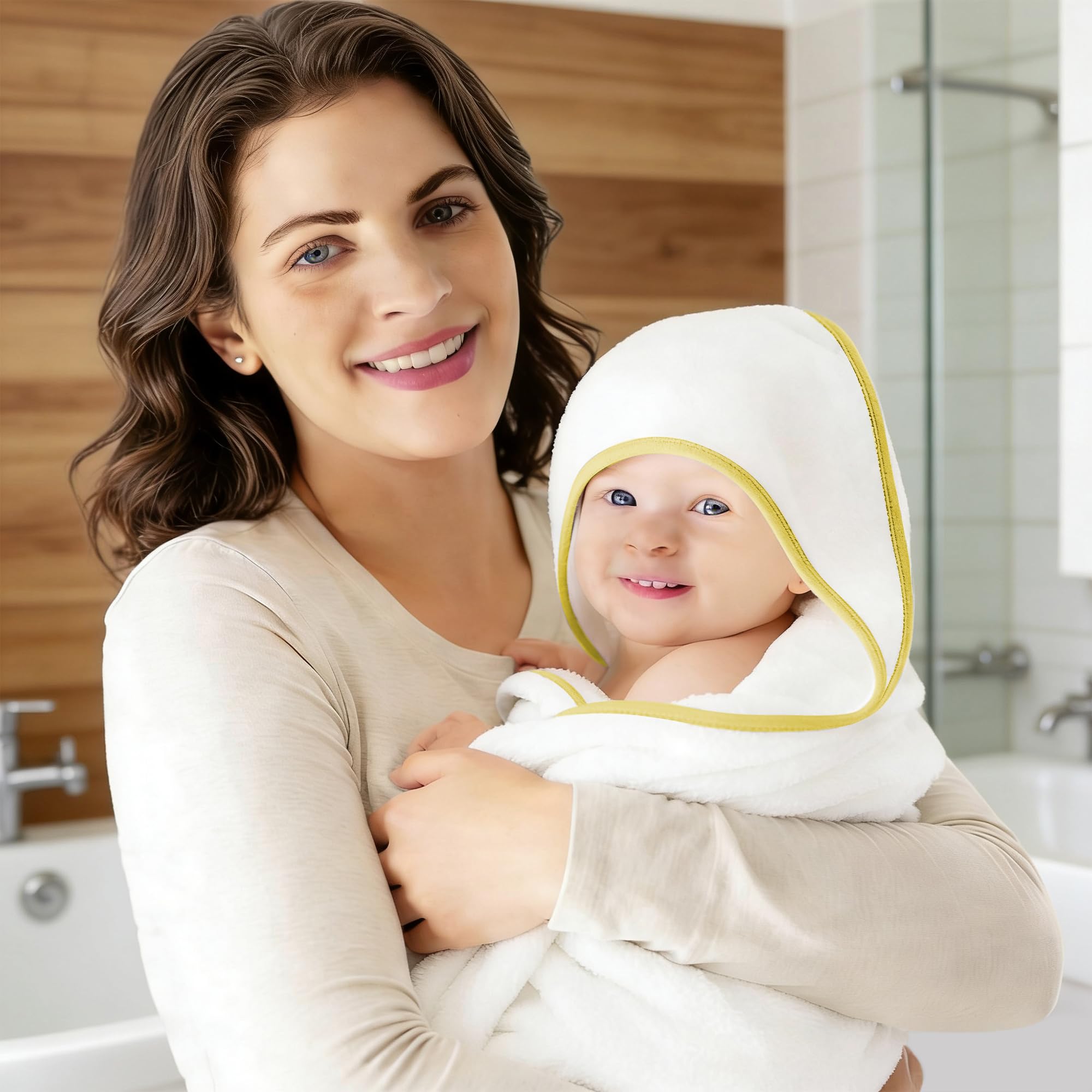 Two Bamboo Queen towels folded together, unisex design for infants.