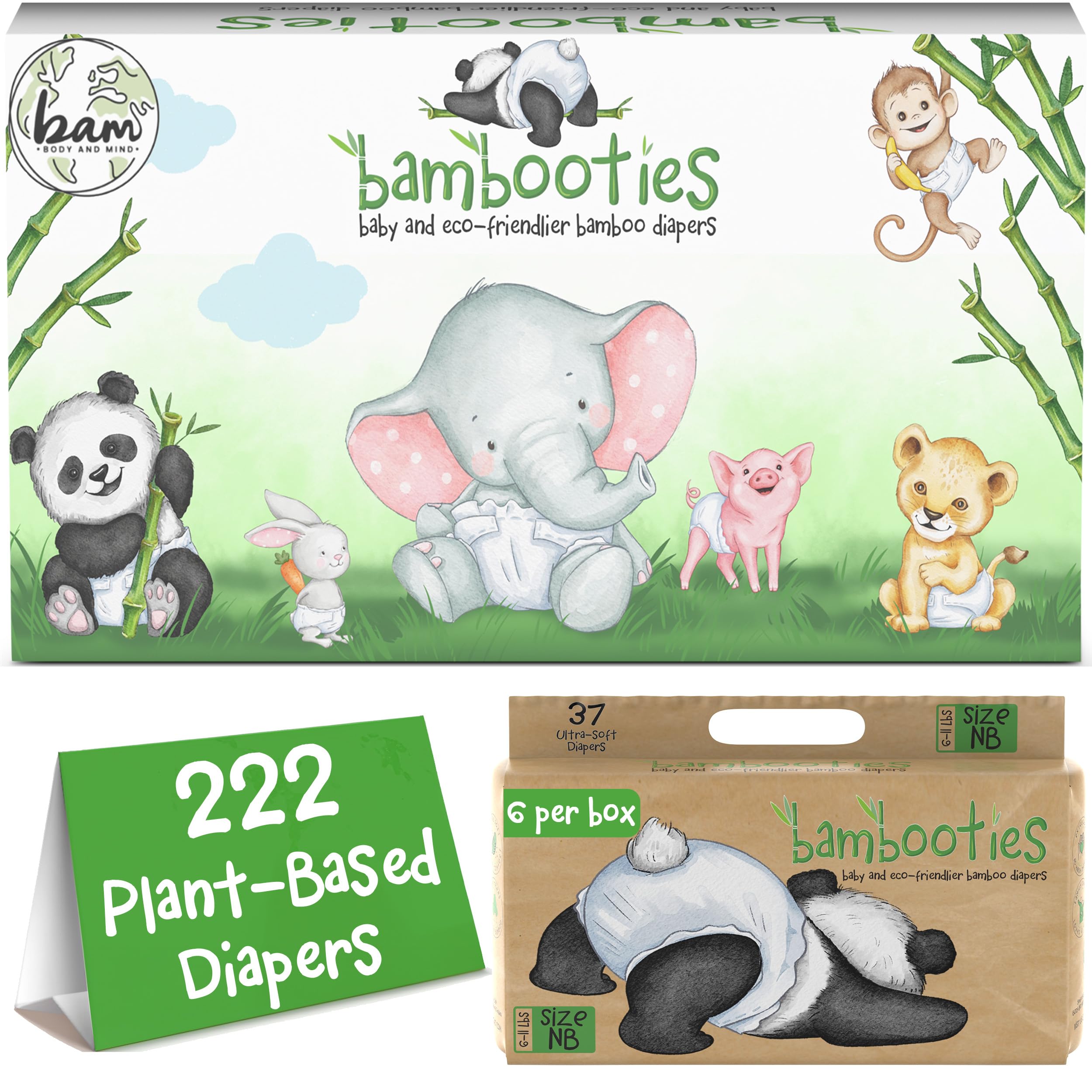 Bambooties NB newborn diapers pack shows soft, skin-friendly coverage for sensitive newborns.
