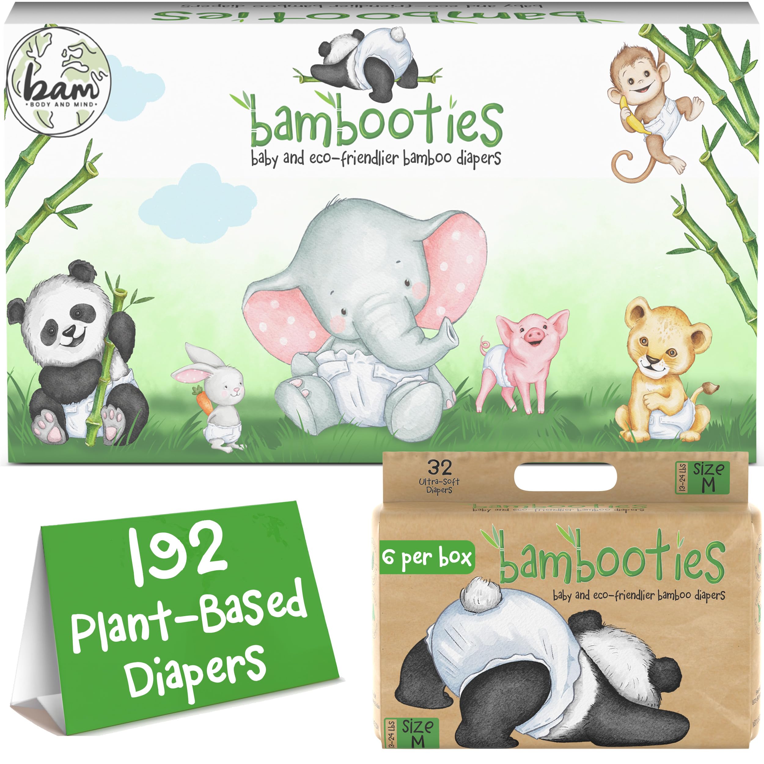 Bambooties bamboo diapers packaging shows a 192-count bulk box for convenience.