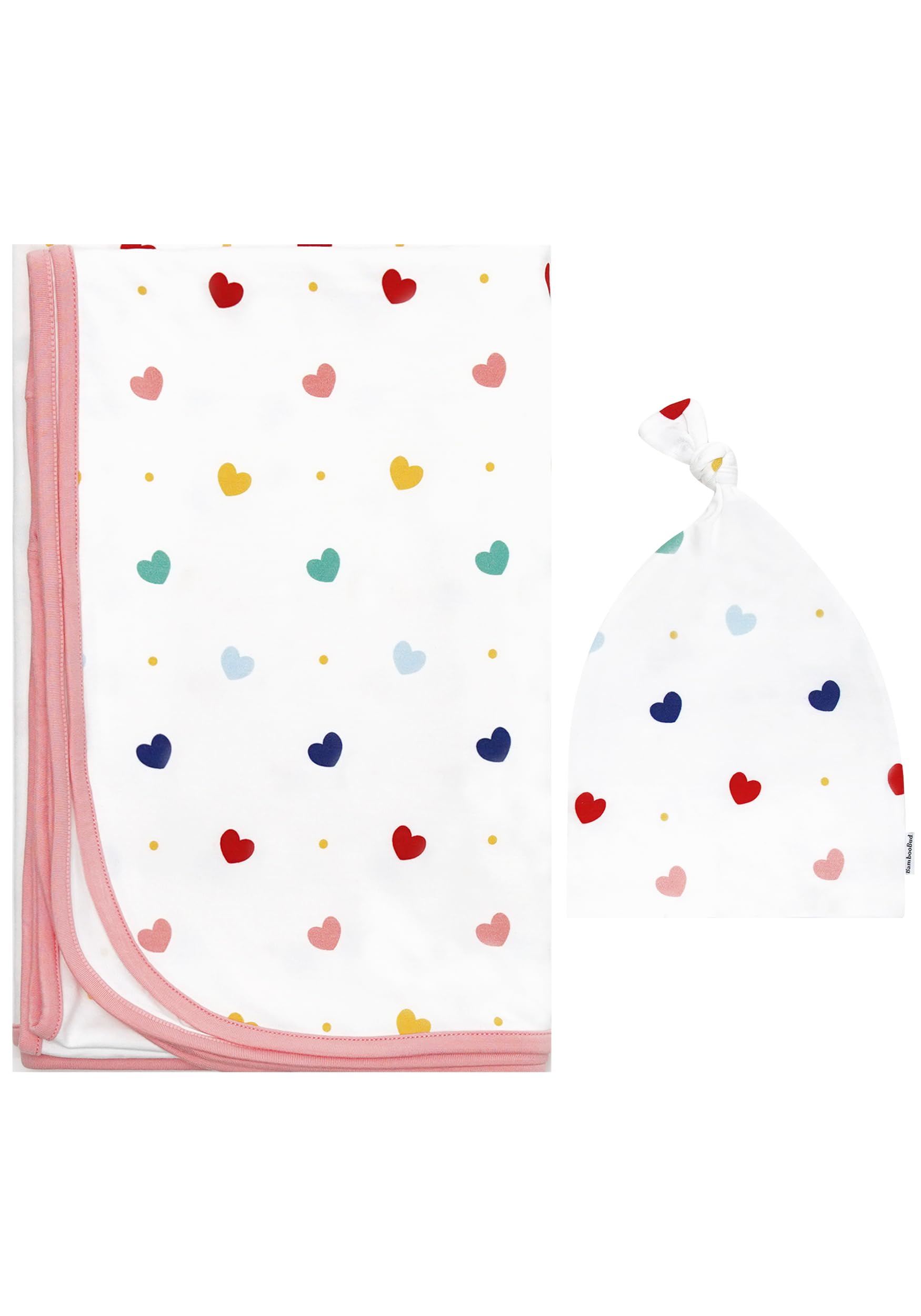 BambooBud baby swaddle blanket with heart design, gentle on delicate skin and ideal for photo moments.