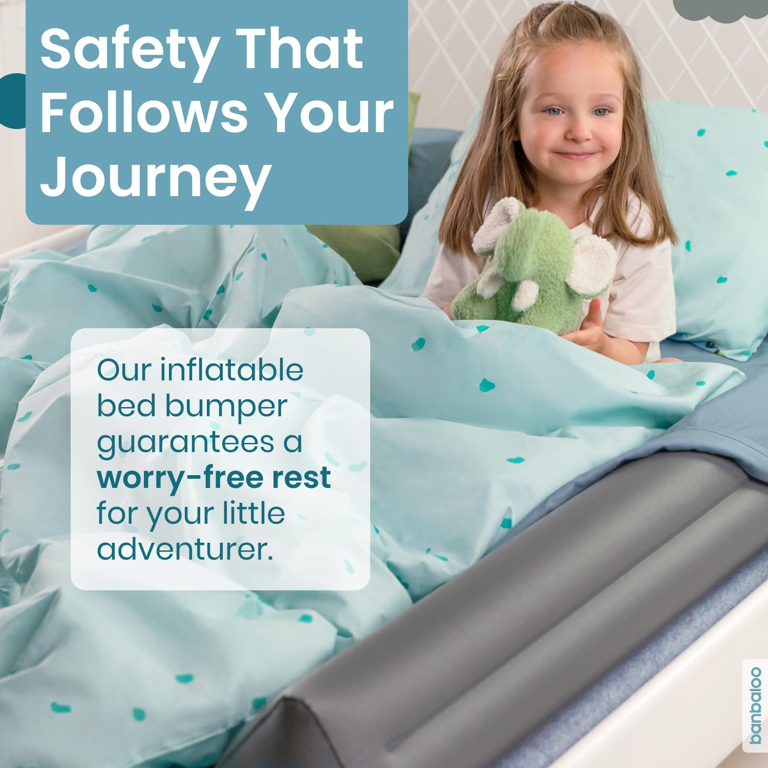 Banbaloo inflatable bed rail, travel-ready for safe sleep away from home.