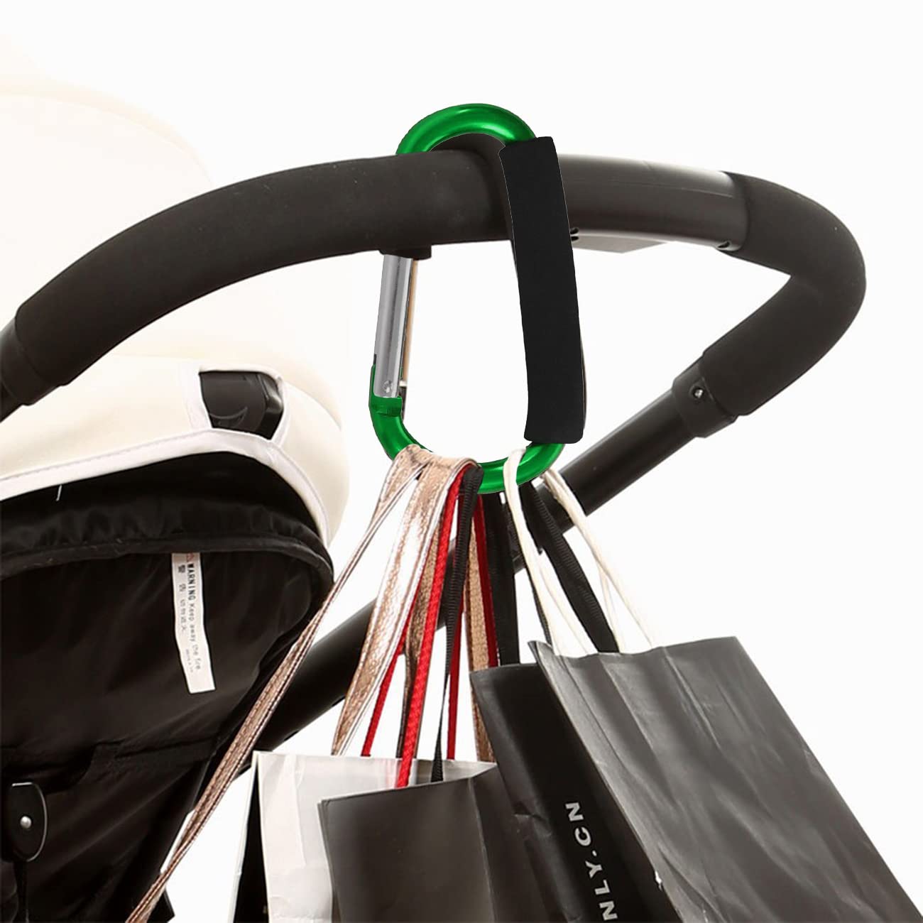 BanYakong stroller hooks clip in action keeps bags organized while you push.