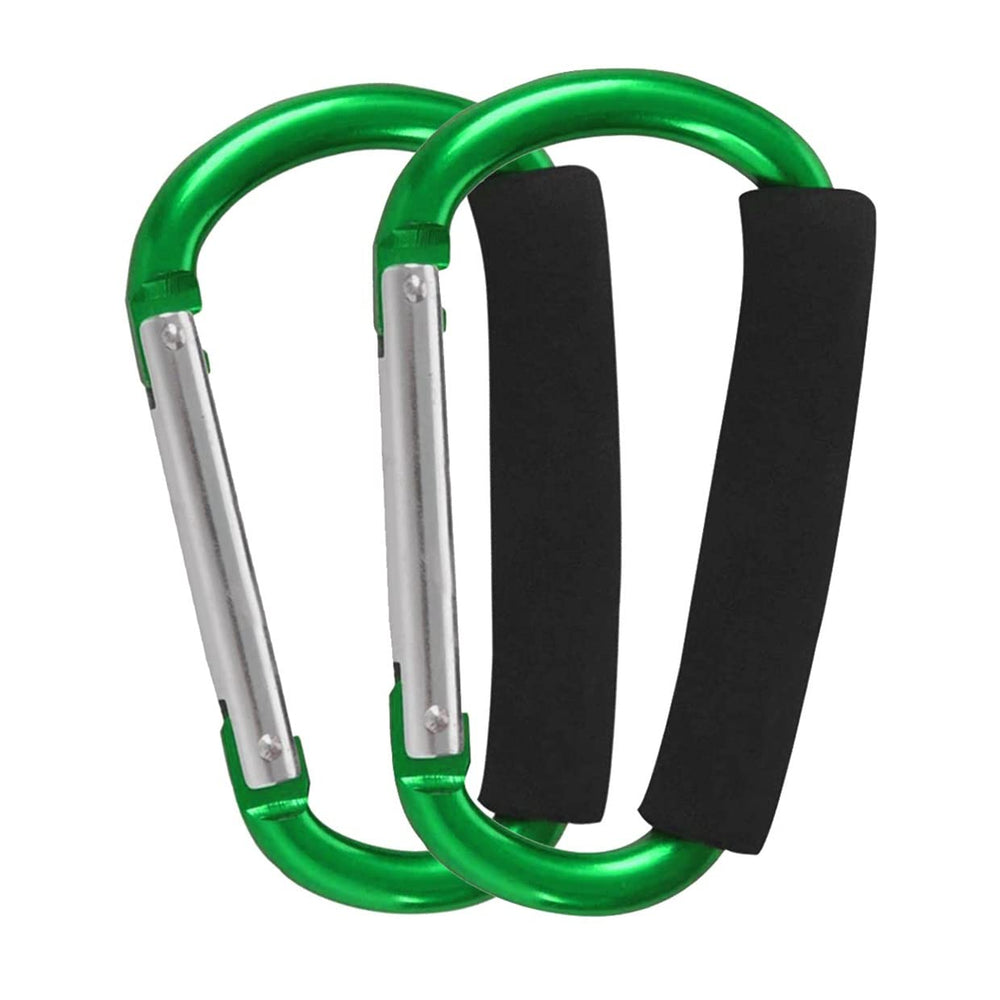 BanYakong stroller hooks two-pack secured on a handle for extra storage.