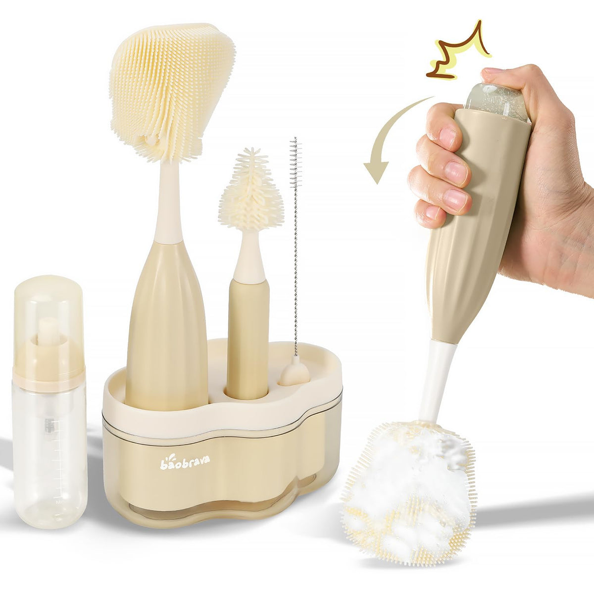 Baobrava baby bottle brush set enables 360° cleaning for bottles and accessories.