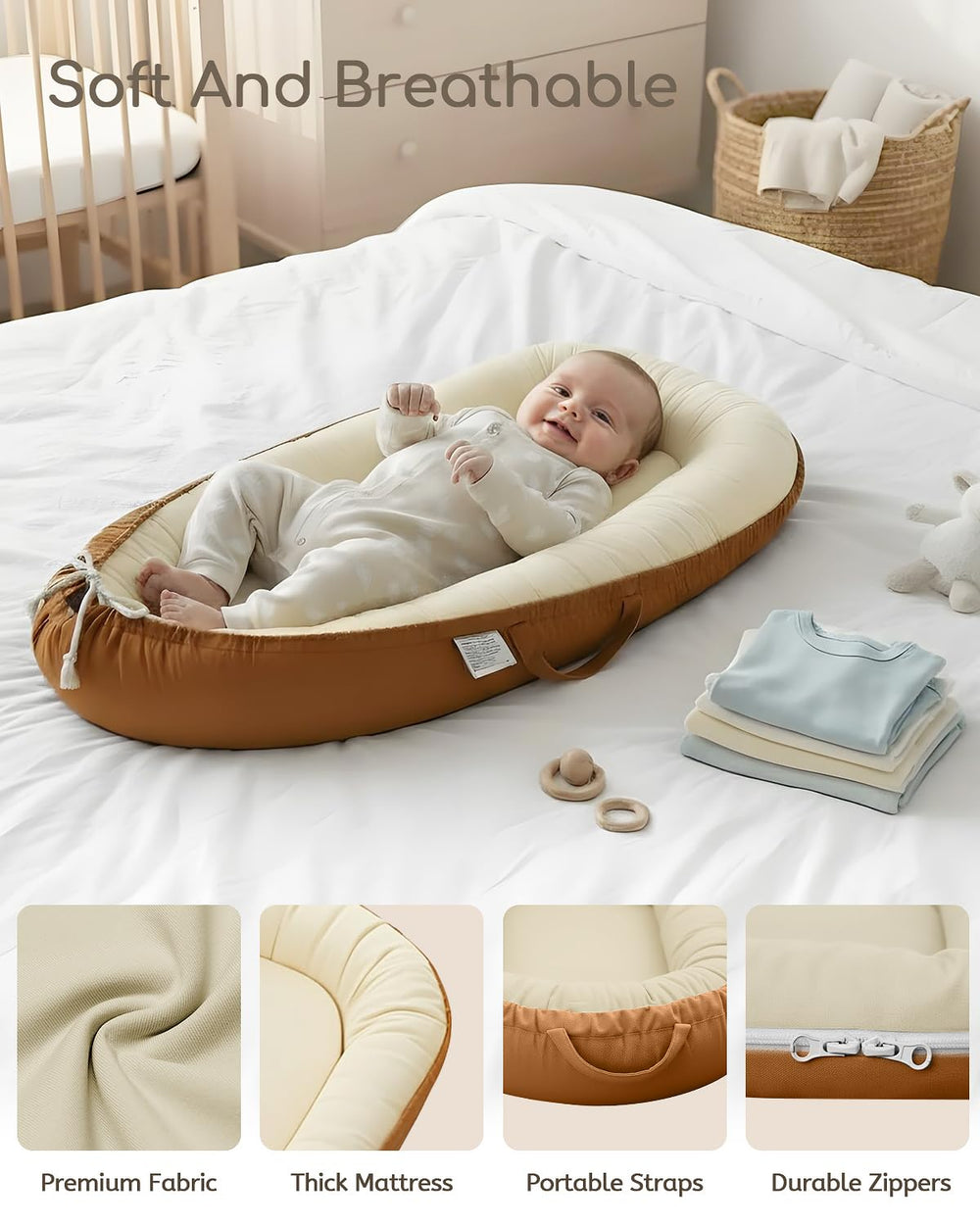 Baobrava lounger with adjustable straps adapts as baby grows for long use.