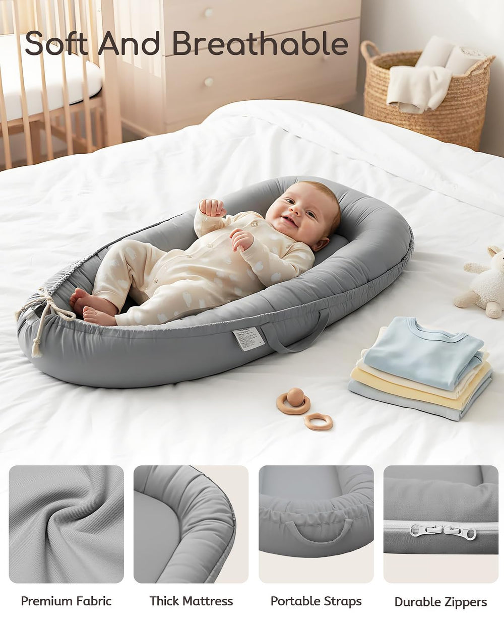 Baobrava lounger with adjustable straps to fit growing babies.