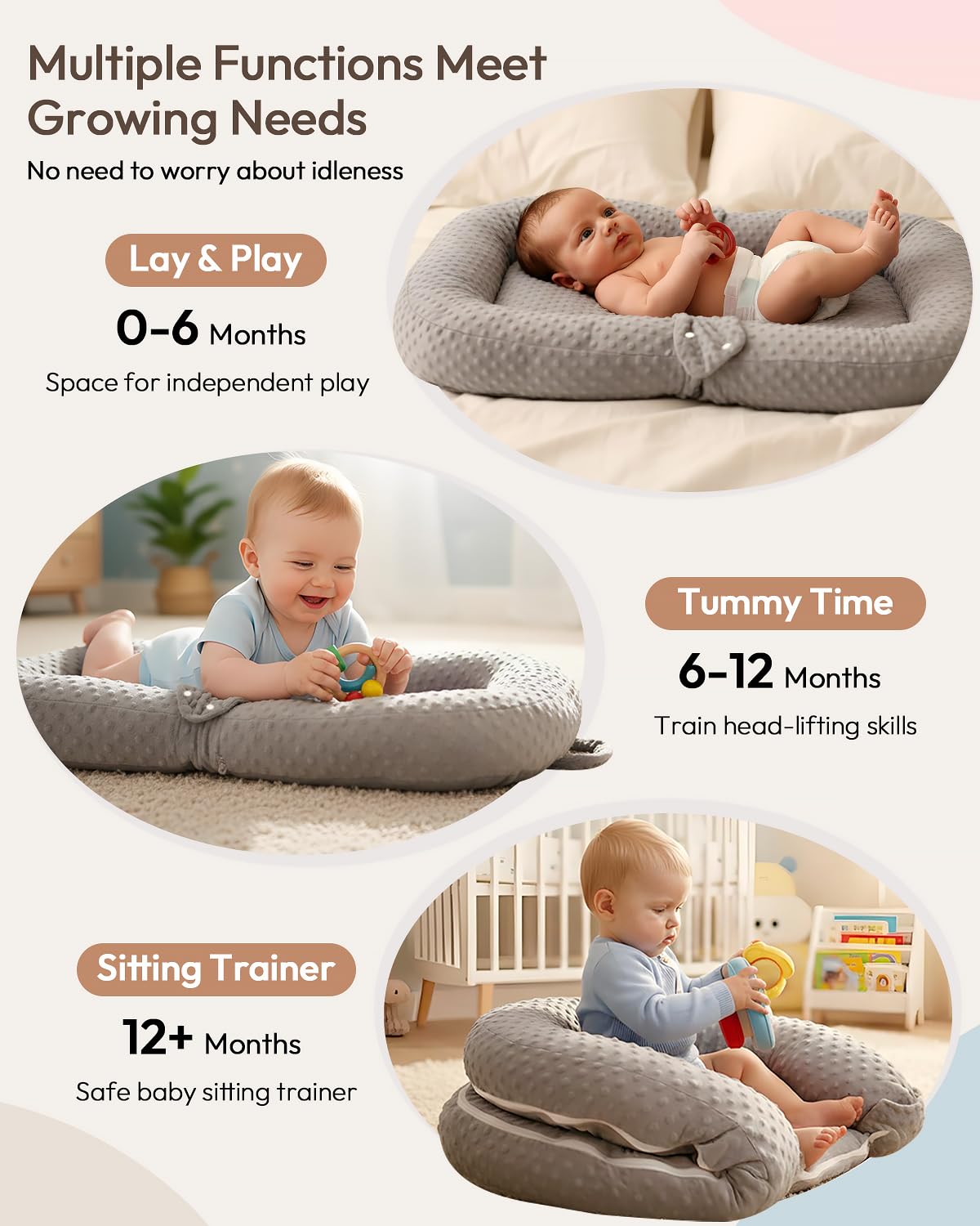 Baobrava Lounger shown in tummy-time use for development-friendly play.