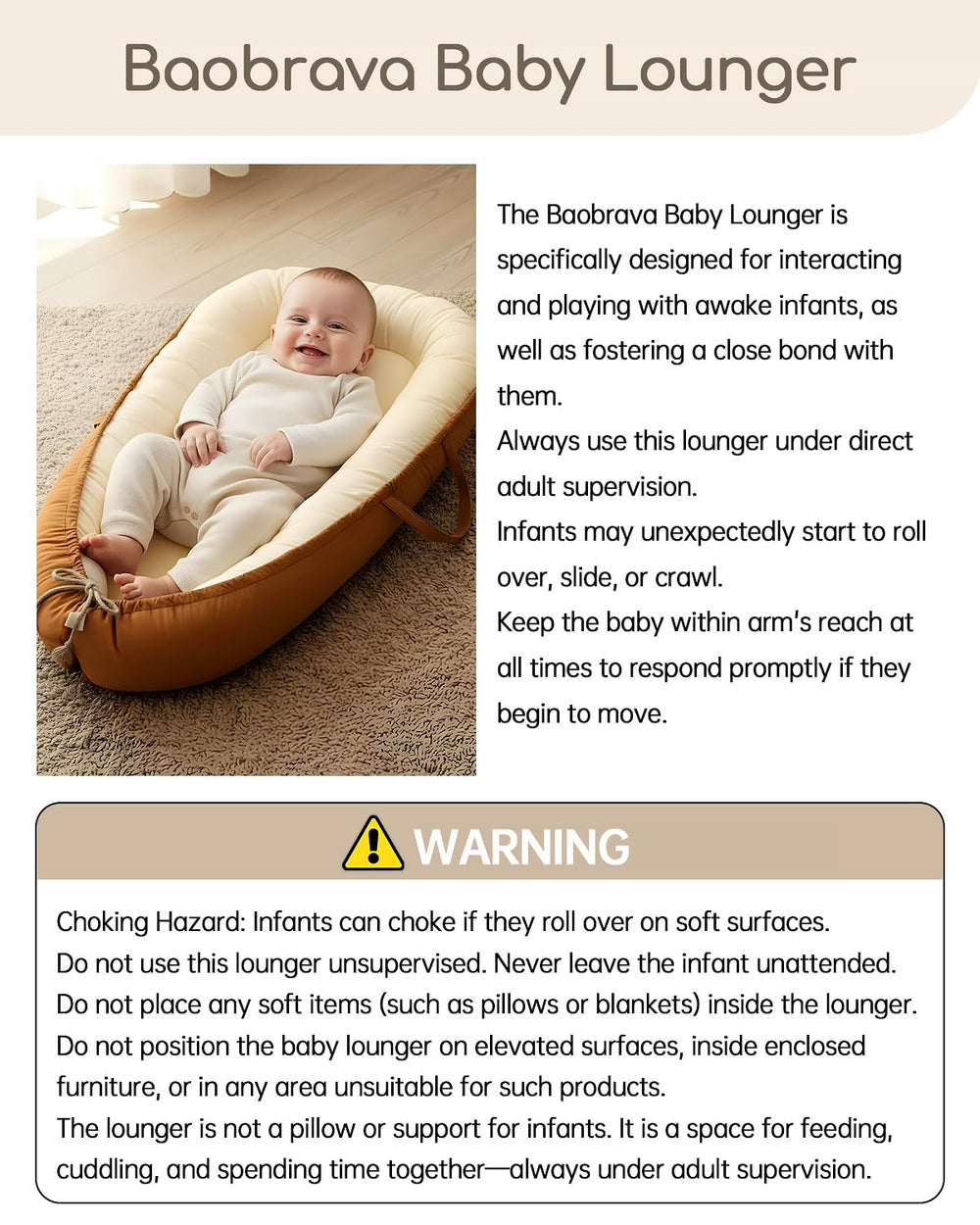 Baobrava baby lounger serves as a cozy resting spot and diaper-change surface.