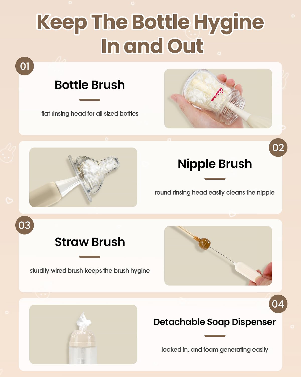 Baobrava bendable brush head reaches corners for deep cleaning.