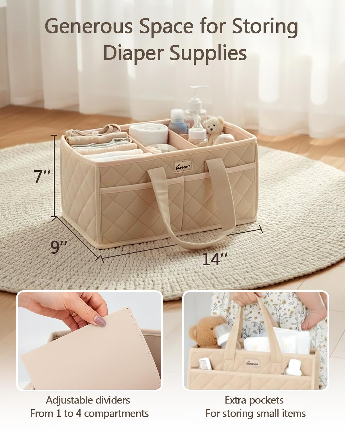 Baobrava diaper caddy with soft handles for easy transport around home