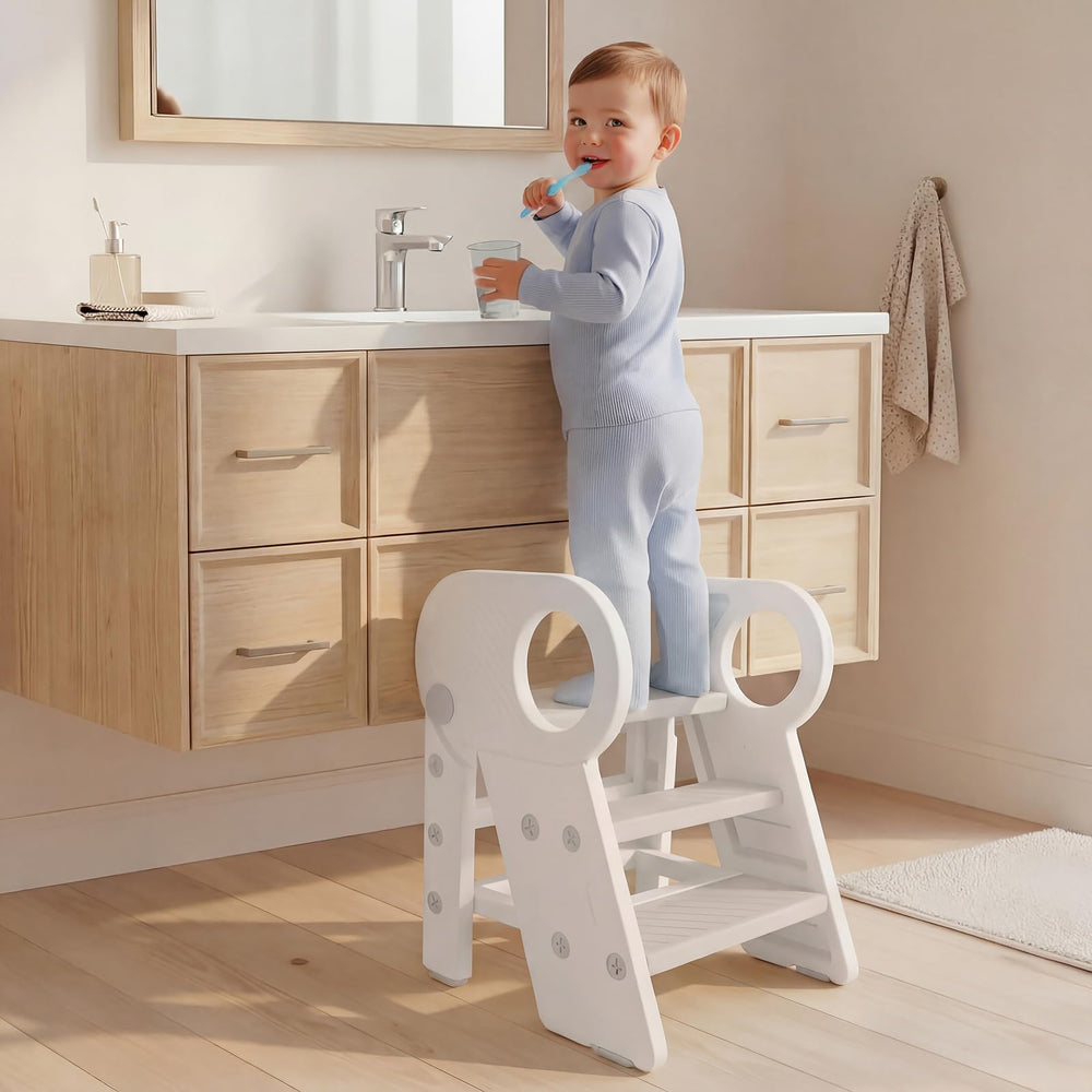 Baobrava foldable 3-step stool with handles for easy height access.