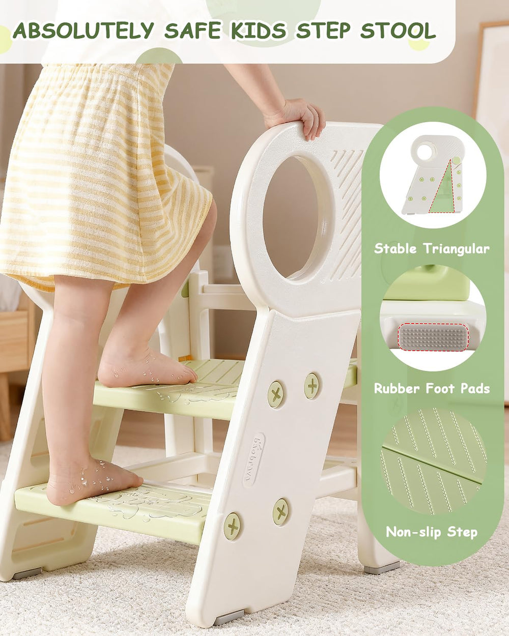 Baobrava foldable stool folded for compact storage beside tables.