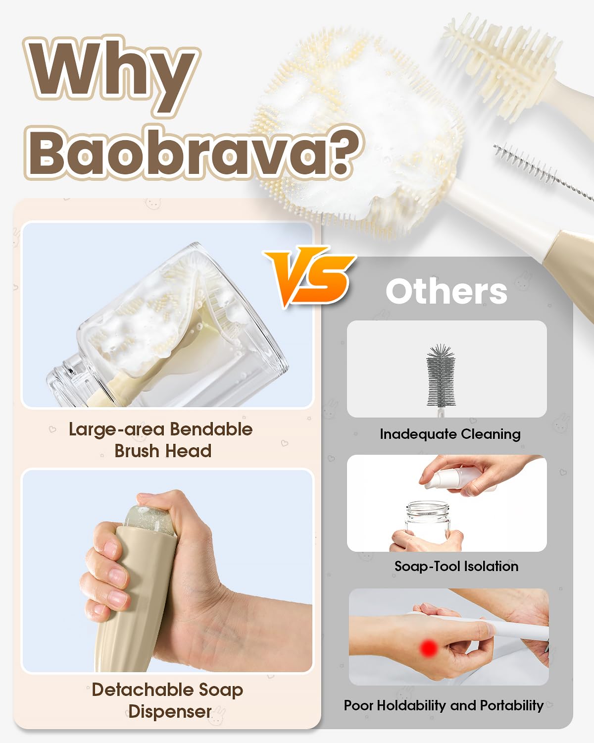 Baobrava push-press foam-dispensing brush for mess-free soap application.