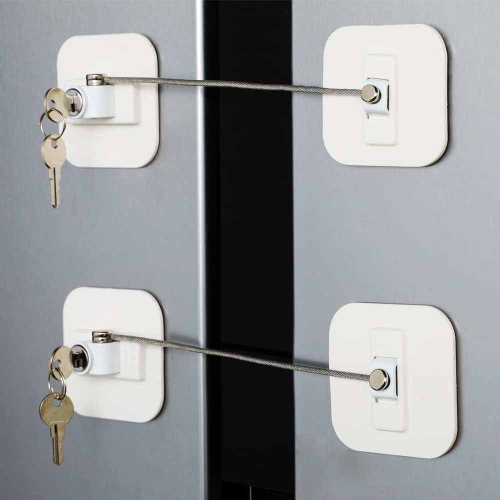 BAOWEIJD white fridge lock front view showing discreet design for kitchen safety.