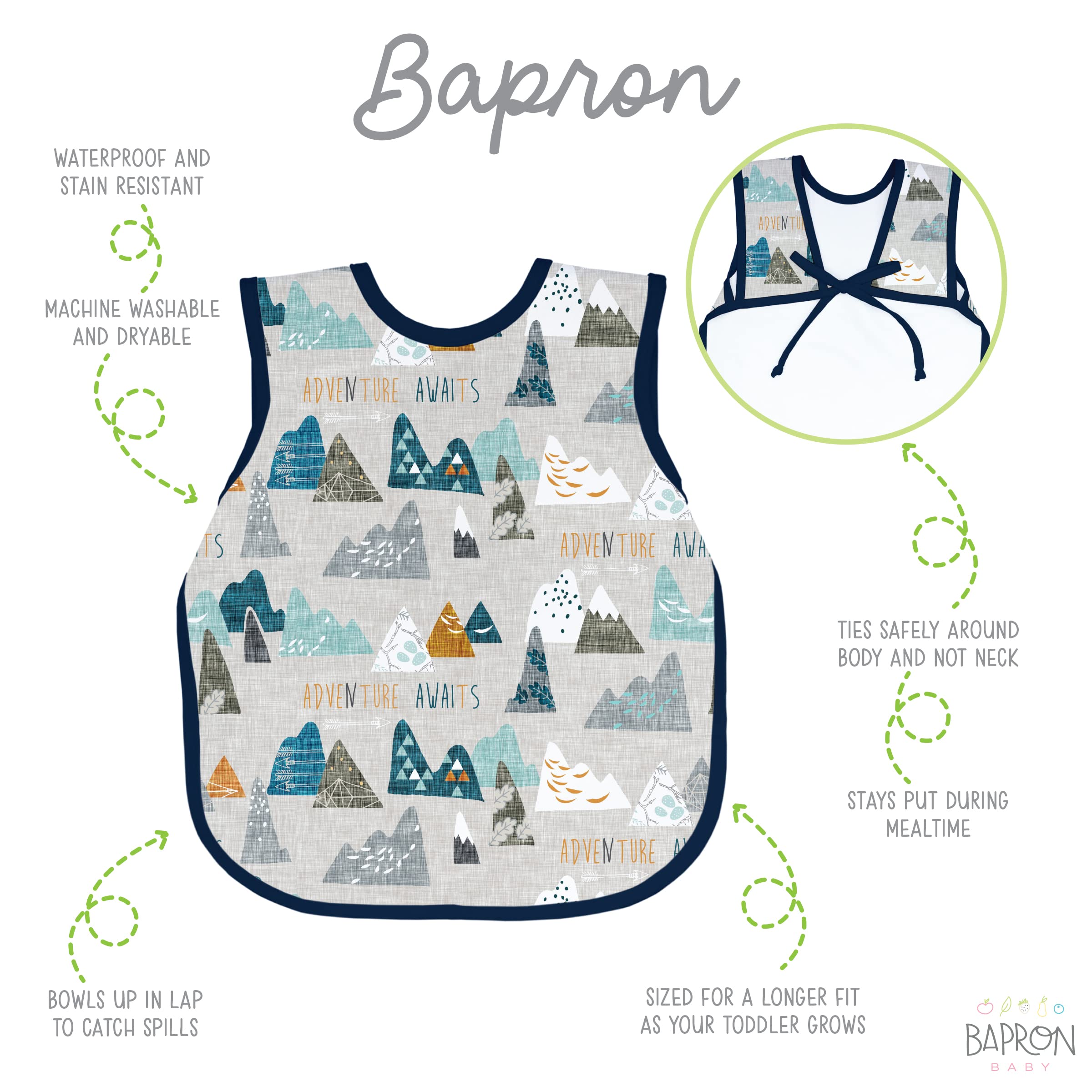BapronBaby Bapron body-tie design demonstrated on a child for secure fit.
